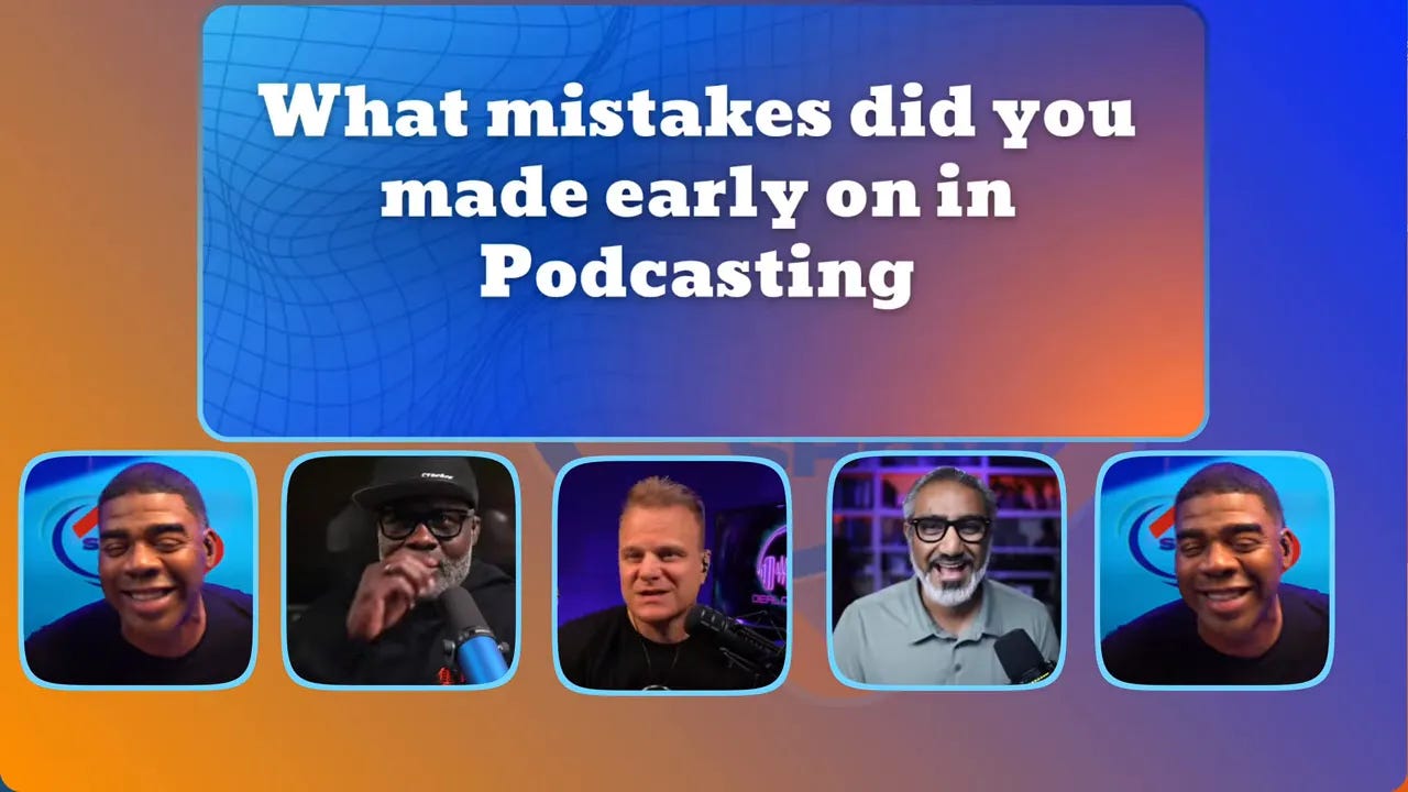 Slide on screen reading what mistakes did you make early on in podcasting with panel headshots below