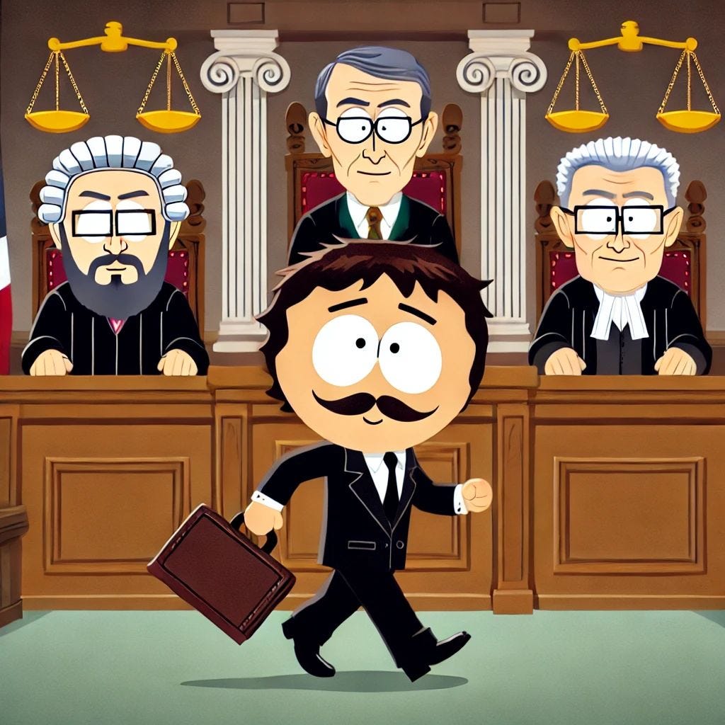Cena no estilo South Park com advogado de bigode entrando em um tribunal diante de três juízes caricatos. A imagem ilustra com humor o uso da narrativa lógica (“Mas” e “Portanto”) no contexto jurídico.