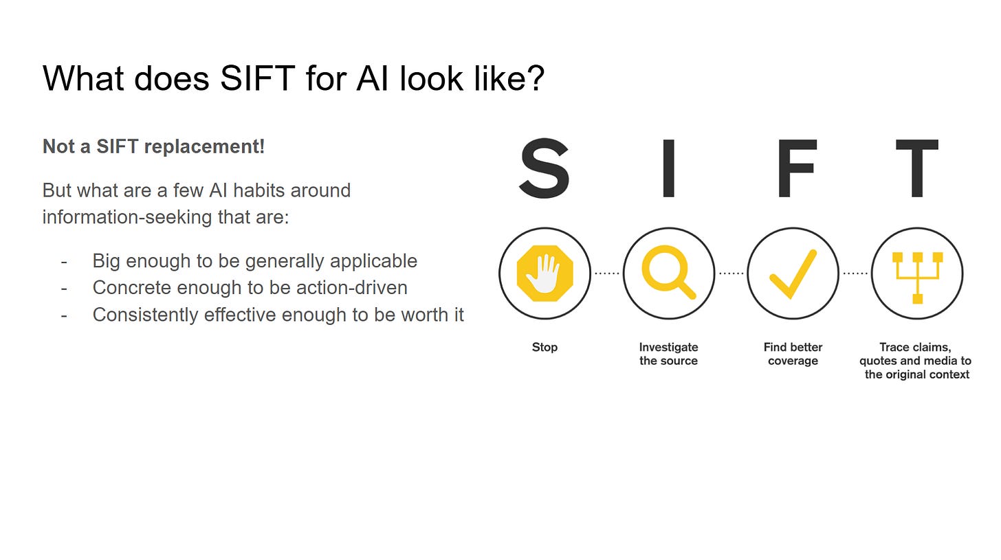 Not a SIFT replacement!
But what are a few AI habits around information-seeking that are:
Big enough to be generally applicable
Concrete enough to be action-driven
Consistently effective enough to be worth it
