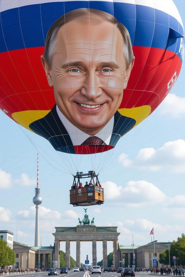 A large hot air balloon with the face of Vladimir Putin printed on it in colors matching the Russian flag floats above the Brandenburg Gate in Berlin. The balloon basket with passengers is visible below the envelope. The TV Tower appears in the background sky. The gate structure with its columns and Quadriga statue stands prominently in the foreground. Surrounding area includes streets with cars and pedestrians.