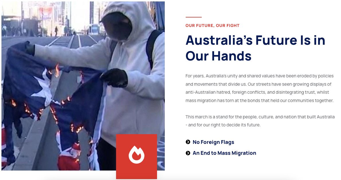Screenshot from the March for Australia website's About section, which includes a picture of an Australian flag burning. Screenshot from the March for Australia website's About section, which includes a picture of an Australian flag burning.
