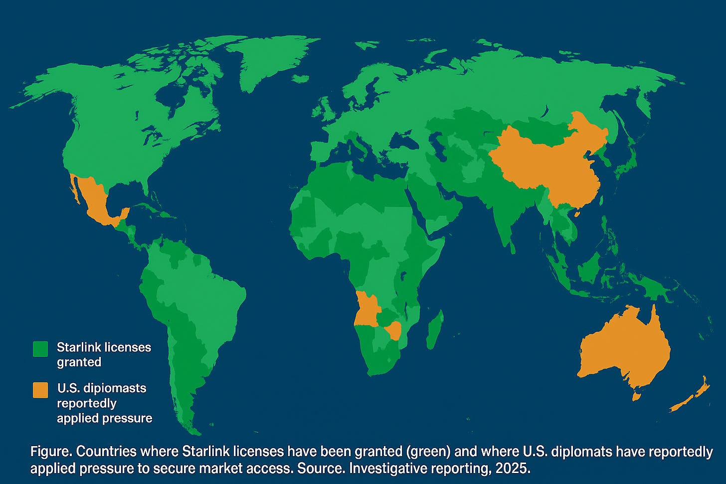 A world map with countries shaded in green to represent those where Starlink licenses have been granted, and in orange where U.S. diplomats have reportedly exerted pressure to gain market access for Starlink. Key regions include parts of Central America, Africa, China, and Australia.