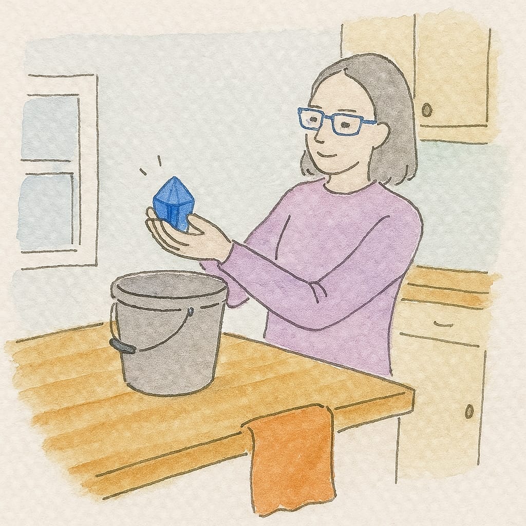 A gentle watercolour illustration of a woman standing at a wooden kitchen table. She holds a blue gemstone in her hands above a grey bucket, symbolising letting go of something precious to make space.