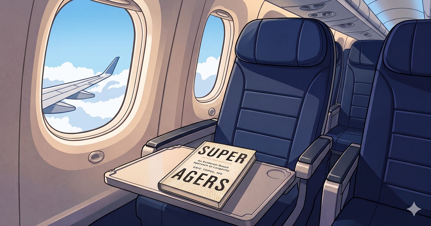 Super Agers book on a table in a plane