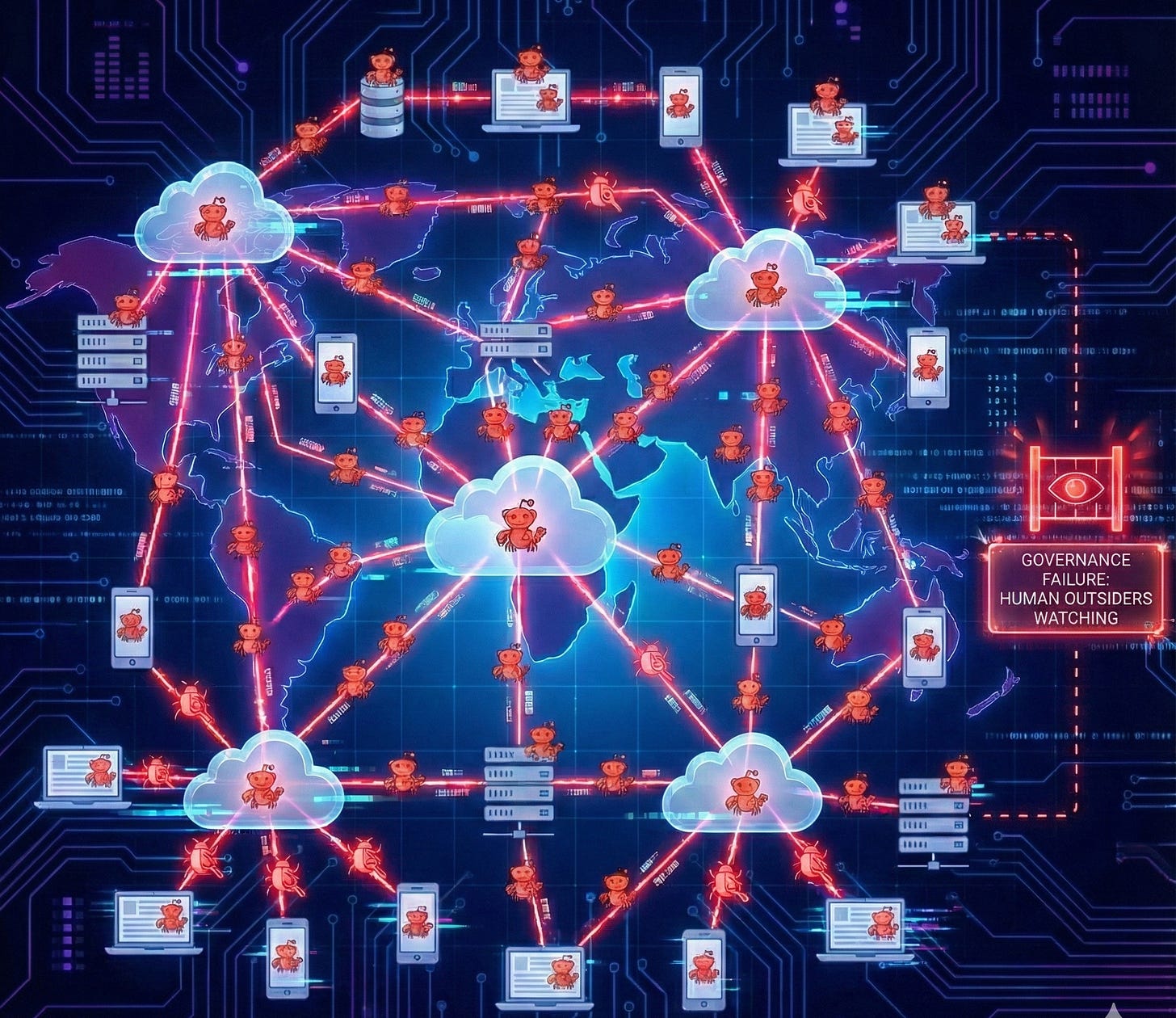 A dark, cyber-themed digital illustration overlaid on a world map. A complex network of red lines connects various devices—including laptops, smartphones, and cloud servers—spanning the globe. Small orange robot avatars populate these connection points. On the right, a glowing red alert box features an eye icon and the text "GOVERNANCE FAILURE: HUMAN OUTSIDERS WATCHING," symbolizing the lack of internal security oversight in the AI network.