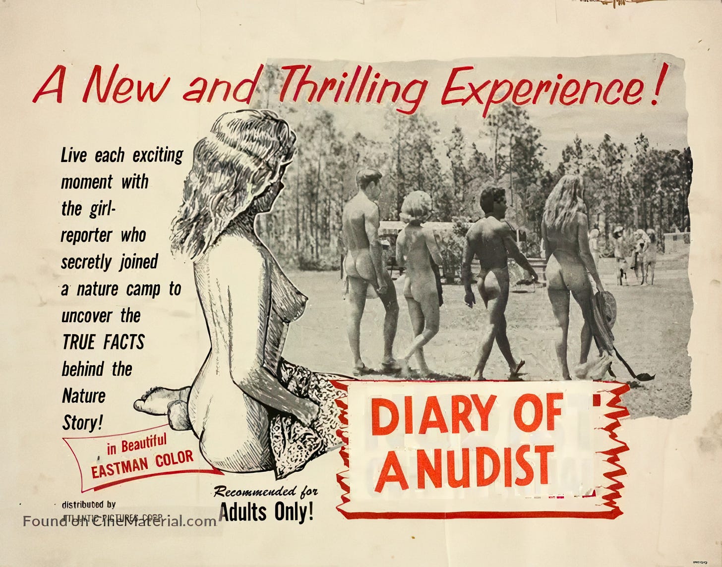 Half-sheet movie poster for Diary of a Nudist (1961), distributed by Atlantic Pictures Corp. A drawn illustration of a nude woman seen from behind, seated and looking over her shoulder, is overlaid on a black-and-white photograph of four nudists walking away from the camera across a dirt path at a Florida nudist club, tennis rackets in hand. Red hand-lettered text at the top reads "A New and Thrilling Experience!" Smaller black text at left reads "Live each exciting moment with the girl-reporter who secretly joined a nature camp to uncover the TRUE FACTS behind the Nature Story!" A banner reads "in Beautiful Eastman Color." The film title appears in large red block letters at lower right. Additional text reads "Recommended for Adults Only!" and "distributed by Atlantic Pictures Corp." A watermark from CineMaterial.com appears at the bottom left.