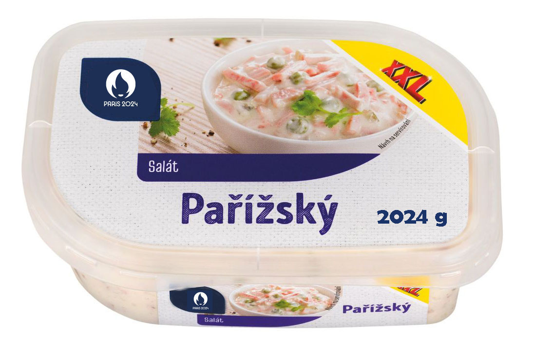 Obrázek vaničky pařížského salátu z Lidlu, ovšem s logem pařížské olympiády.