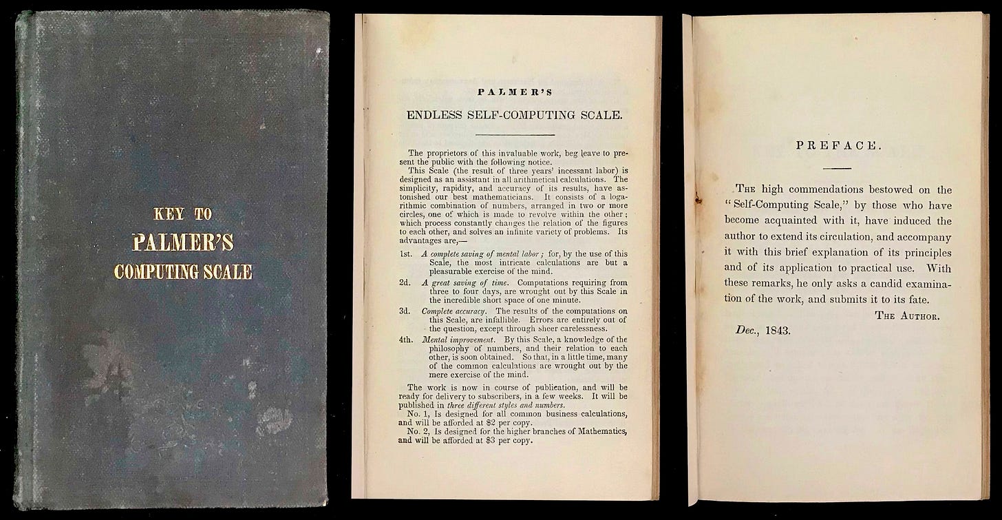 Key to Palmer’s Scale, an 1844 50-page instruction booklet. Left-to-Right are images of the cover, the Introduction, and the Preface of the book.
