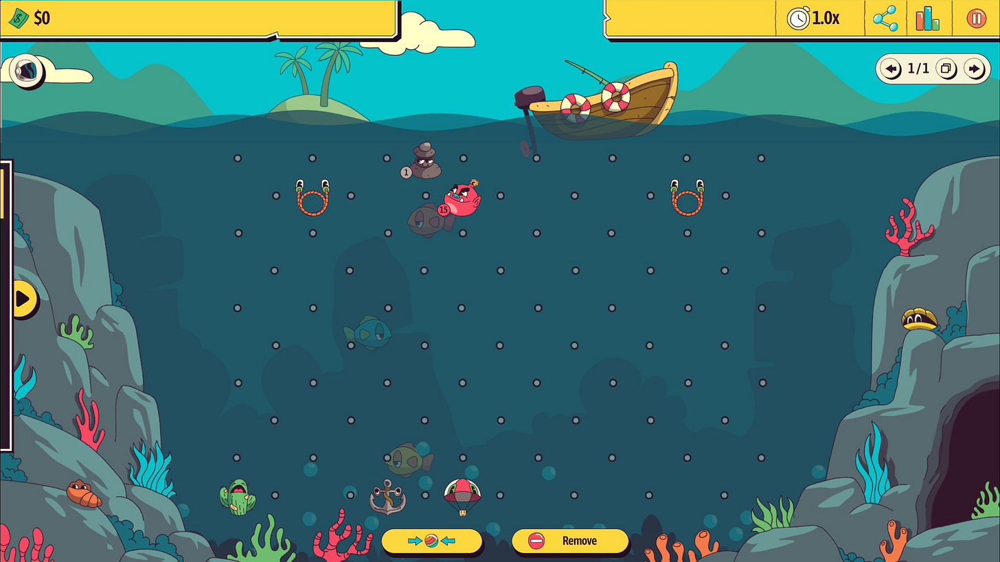 Fishing gameplay with a few triggers placed on the board.