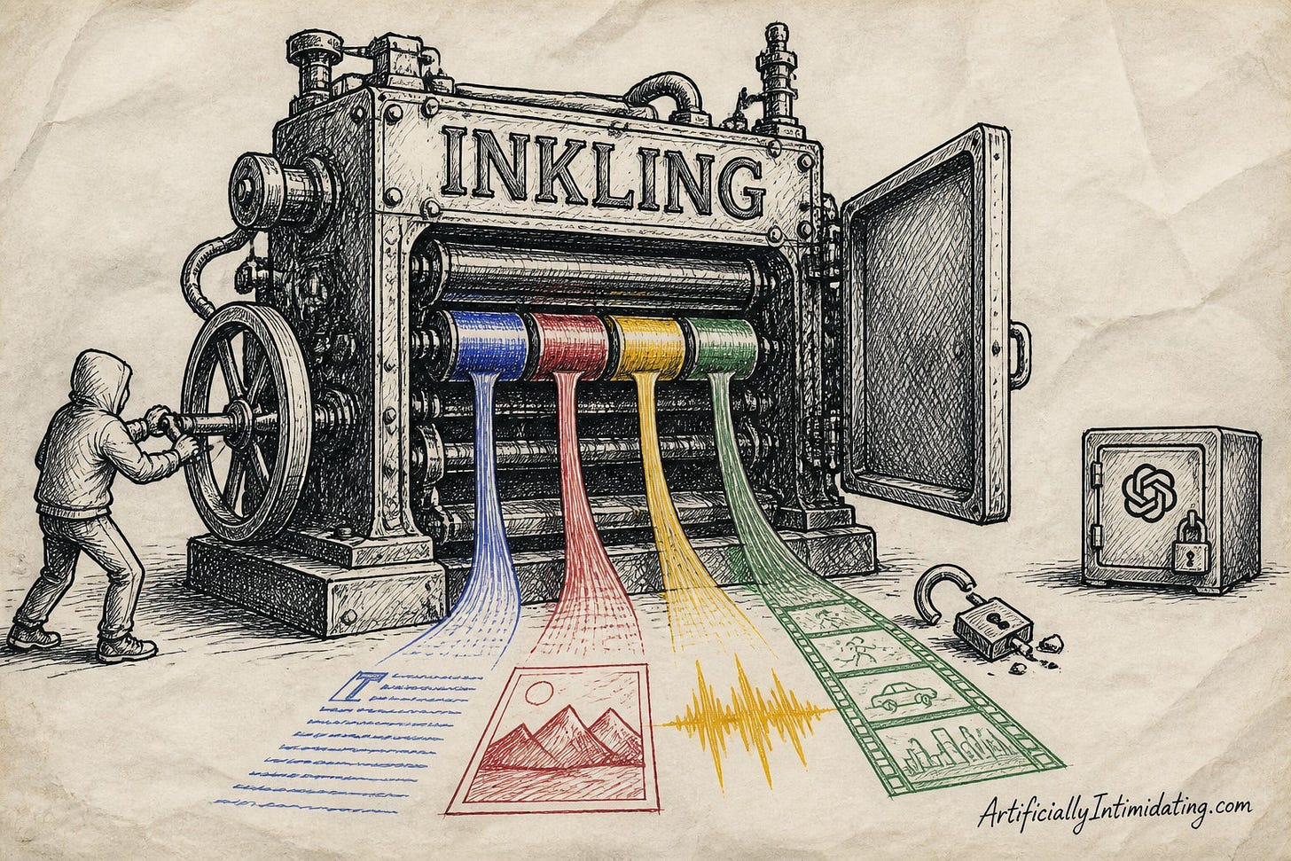 Editorial cartoon: a giant printing press labeled INKLING pours streams of text, image, audio and video ink while a small padlocked OpenAI vault sits ignored.
