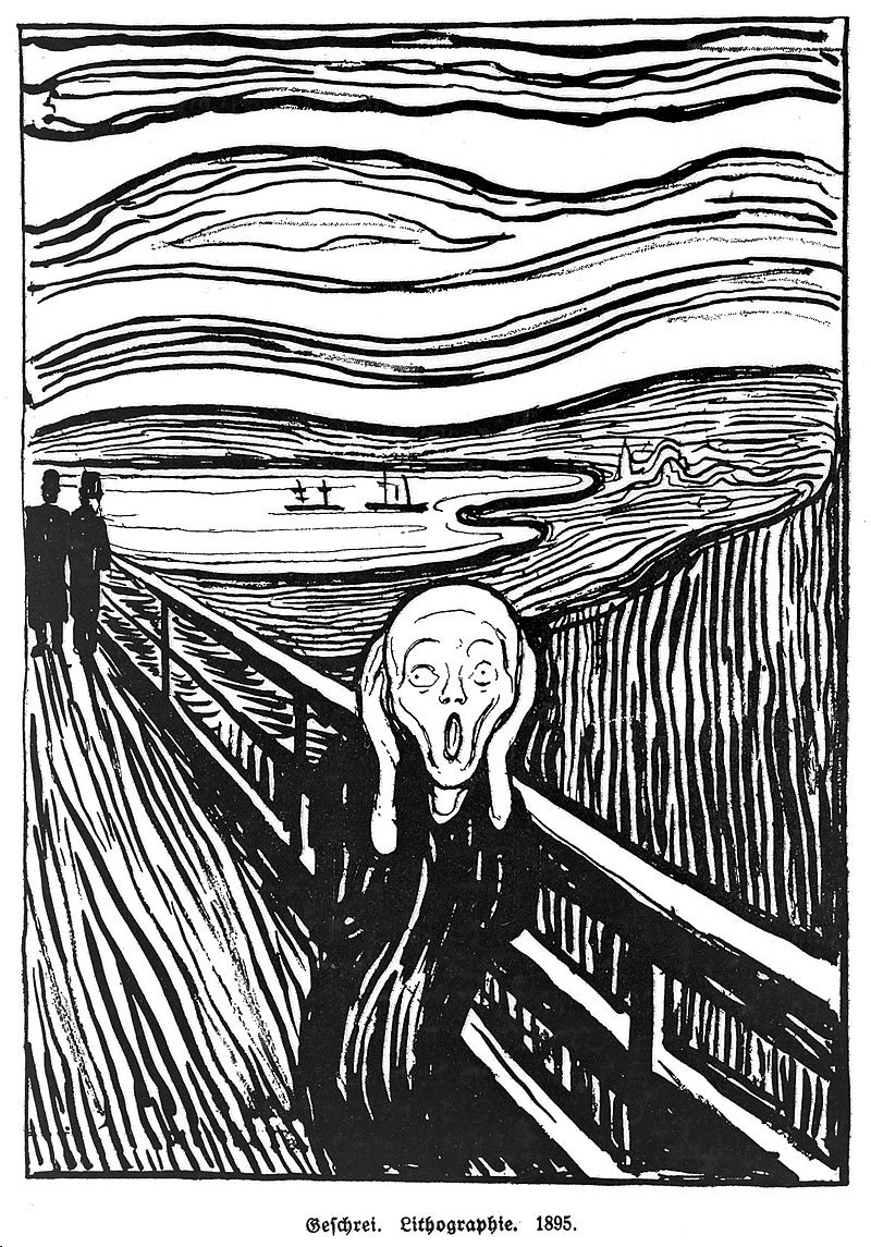 1895, lithograph print. About 45 prints were made before the printer re-used the lithograph stone. A few were hand-coloured by Munch.