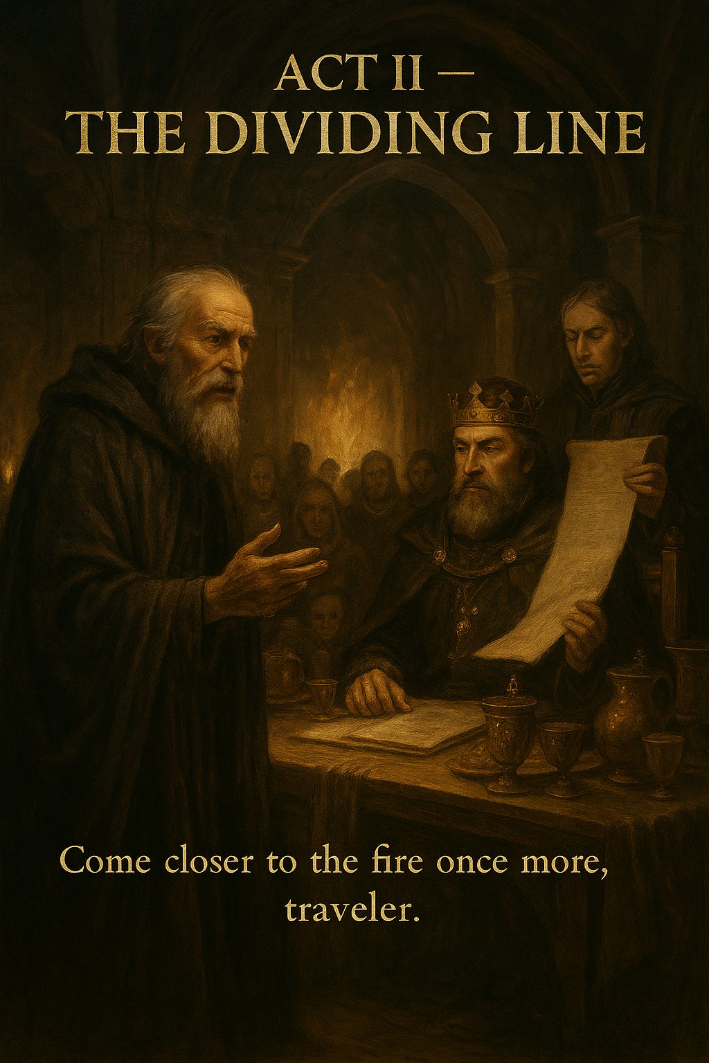 This image is a dramatic fantasy-style illustration depicting Maerion, the Steward, during his rise to power. The scene takes place inside a dimly lit throne room. At the center stands a pale, severe-looking man dressed in deep green ceremonial robes. He holds a long black-glass quill in his right hand, which glows faintly, as though the ink itself carries a strange magic. His expression is calm but calculating, as if measuring the room and everyone in it.  Behind him looms a tall, ornate mirror framed in dark metal and carved knotwork. The mirror reflects only Maerion—no throne, no king, no courtiers—suggesting that his presence overshadows the room and perhaps bends reality itself. The king sits slouched on the throne to the side of the image, partly lost in shadow, his expression unfocused. Papers, wax seals, and rolled decrees scatter across the floor like fallen leaves.