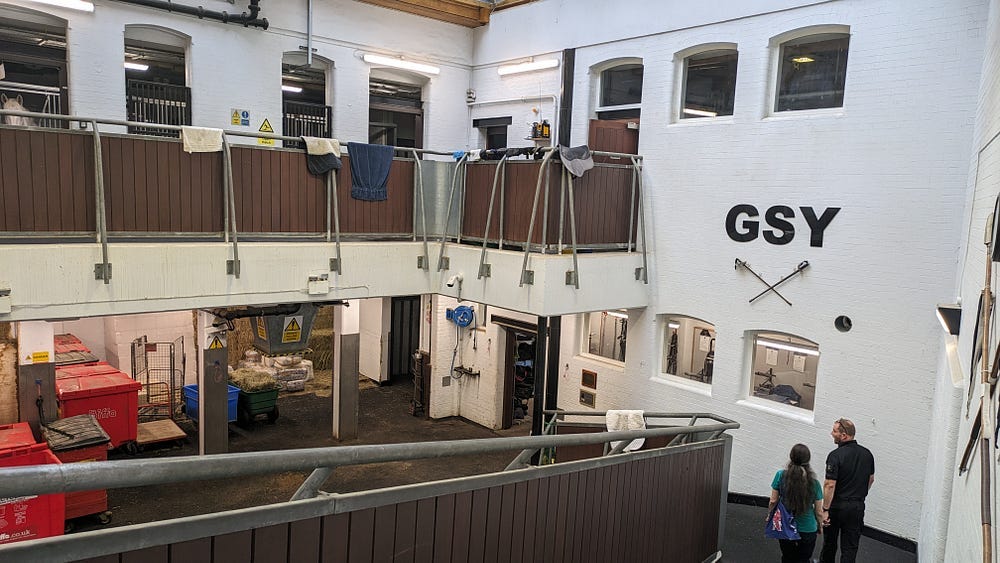 The two-tier stables sowing brown fencing, letters of GSY on white wall and police officer with author walking down horse ramp.