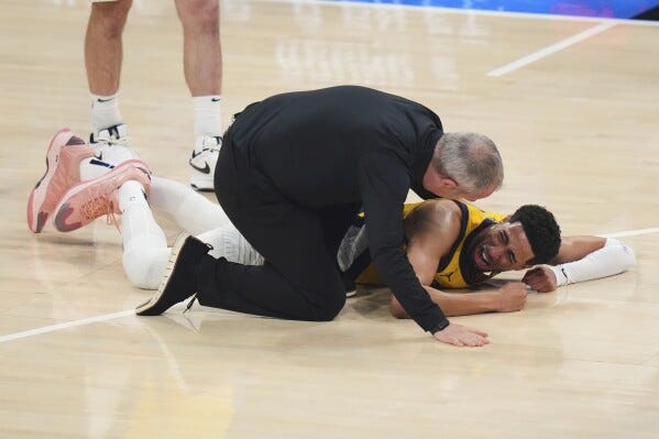 Tyrese Haliburton suffers right leg injury in Game 7 of NBA Finals, as  Pacers lose title shot | AP News