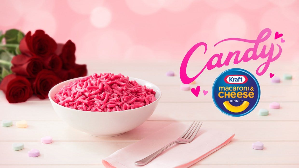 Promotional image of Kraft Candy Macaroni & Cheese — limited-edition pink version released for Valentine’s Day, used to illustrate misguided innovation in consumer packaged goods.