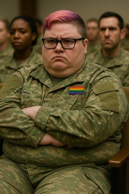A person in a military uniform with a camouflage pattern, wearing glasses and having pink hair, sitting with arms crossed. A rainbow flag patch is visible on the uniform\'s chest. A person in a military uniform with a camouflage pattern, wearing glasses and having pink hair, sitting with arms crossed. A rainbow flag patch is visible on the uniform\'s chest.