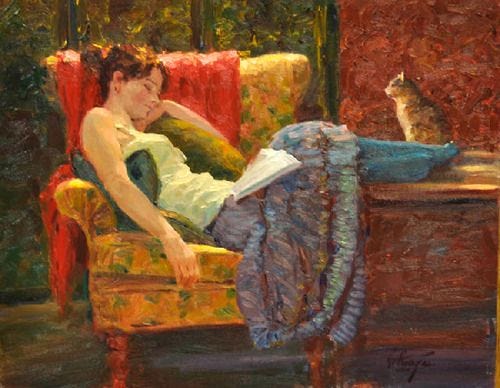 This may contain: a painting of a woman sitting in a chair next to a cat