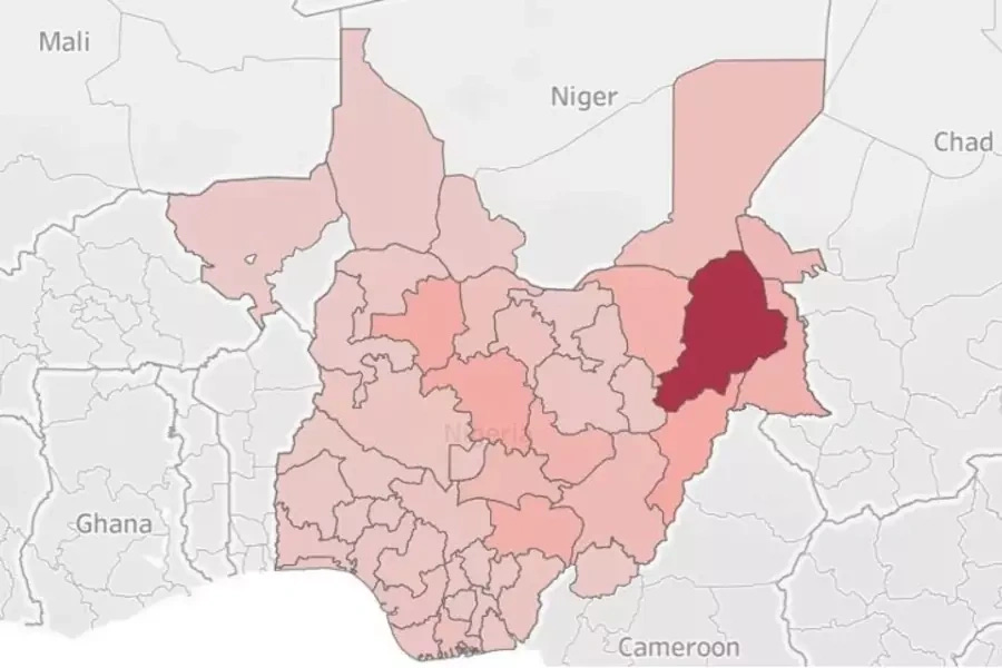 The map depicts deaths by state. Borno State, in Nigeria's North East, is the epicenter of Boko Haram-related violence, which has also spilled into neighboring Adamawa and Yobe states, among others. The map depicts deaths by state. Borno State, in Nigeria's North East, is the epicenter of Boko Haram-related violence, which has also spilled into neighboring Adamawa and Yobe states, among others.