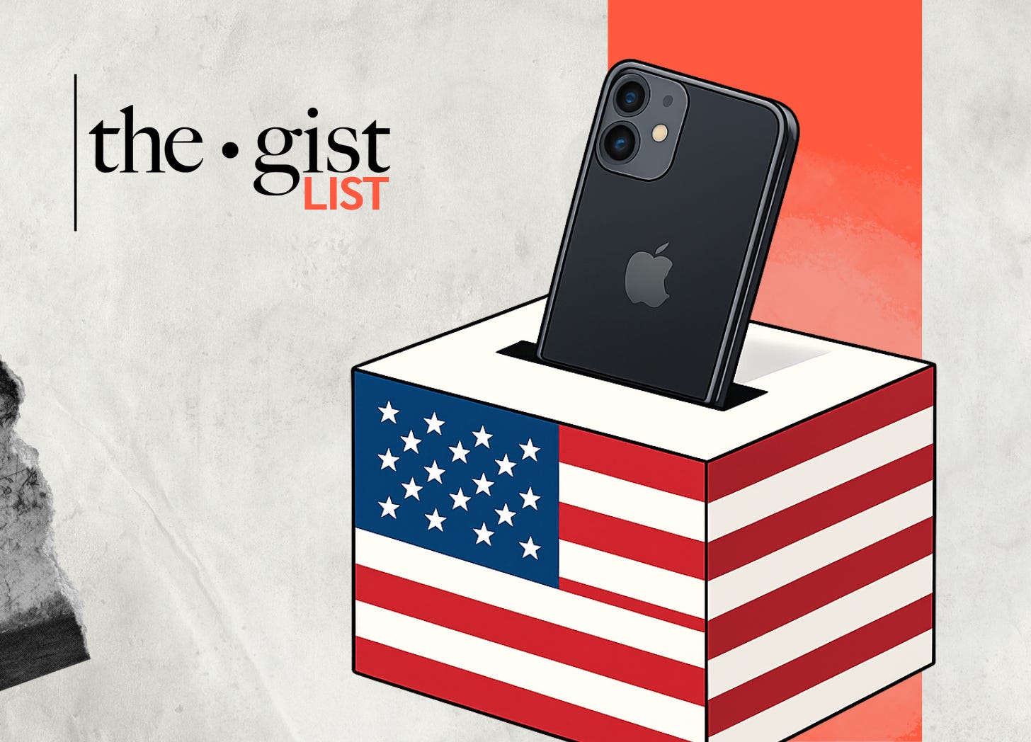 A smartphone hovering above a stylized American ballot box, positioned with space around all edges.