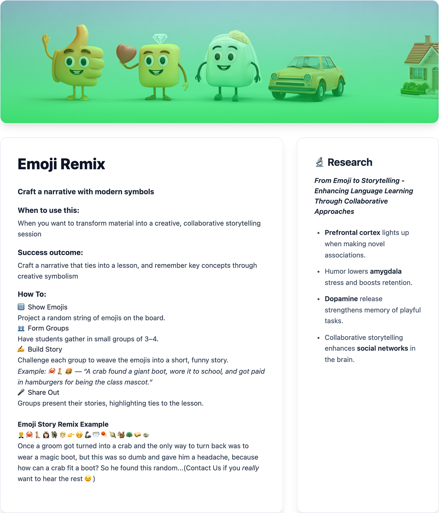 Close-up of student hands arranging emoji cards on a desk while discussing ideas.