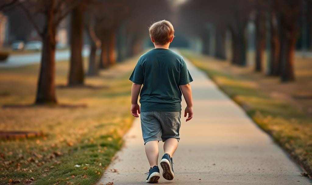 A boy walks alone down a path