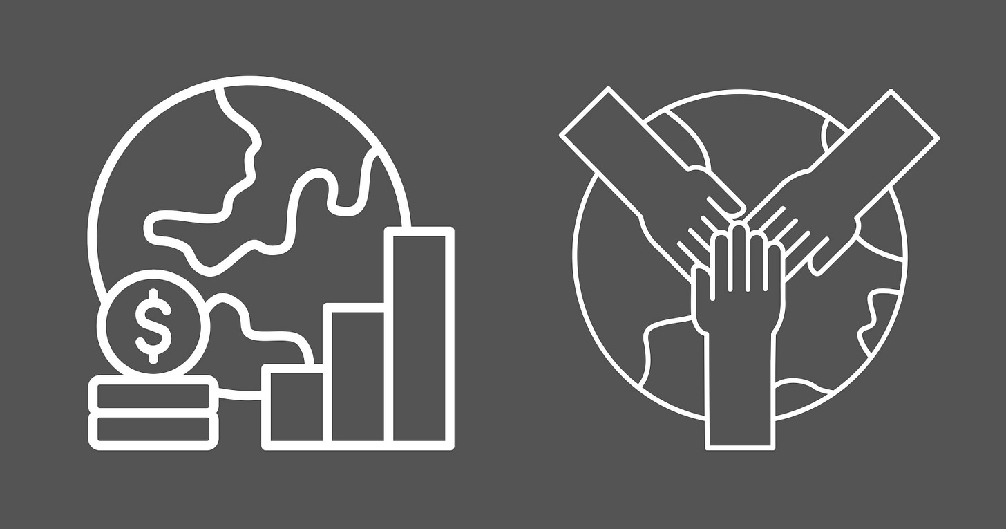 On the left, a graphic of a world globe with a dollar sign and steps indicating steps up the economic ladder. On the right, a world globe with three hands overlapping in solidarity. On the left, a graphic of a world globe with a dollar sign and steps indicating steps up the economic ladder. On the right, a world globe with three hands overlapping in solidarity.