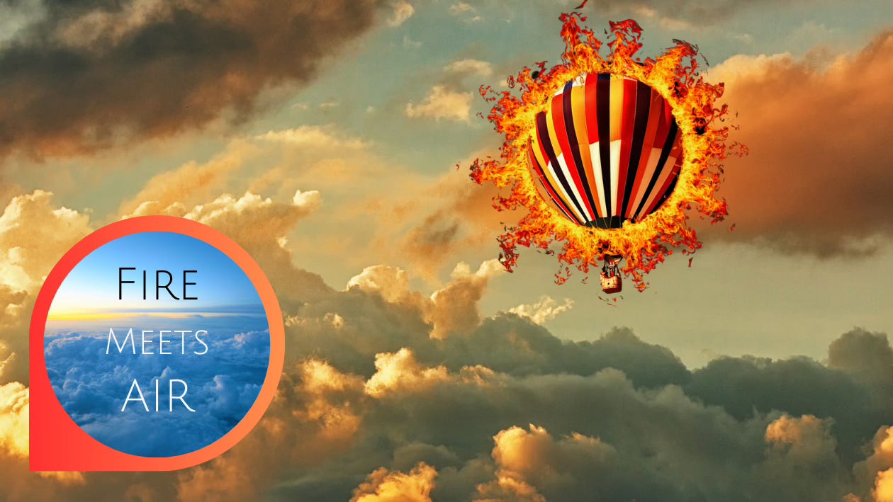 Fire meets Air: Amidst glorious puffy clouds, a hot air balloon goes down in flames, scorching the sky along with it.
