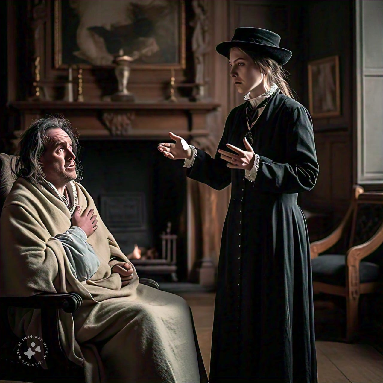 A young woman dressed in dark robes and a hat lectures a frightened invalid about his lungs.