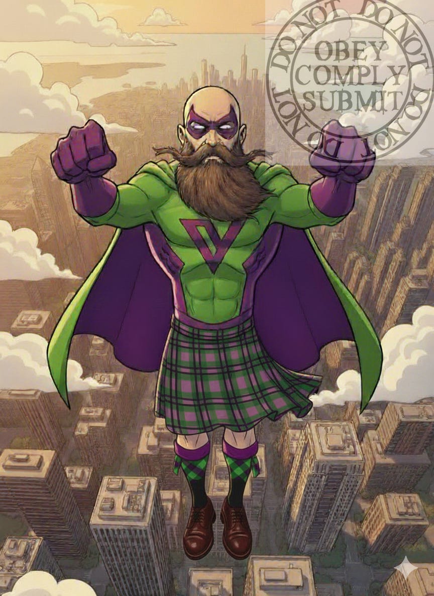 This is a comic book-style illustration of a bald superhero with a large, elaborate beard and mustache. He is depicted floating powerfully above a city skyline, his fists clenched in a determined pose. His costume is green and purple, featuring a cape, a prominent 'V' symbol on his chest, and a purple domino mask. Uniquely, he is wearing a green and purple tartan kilt and matching argyle socks, combining traditional superhero elements with Scottish attire. The warm lighting suggests the scene is taking place at either sunrise or sunset.