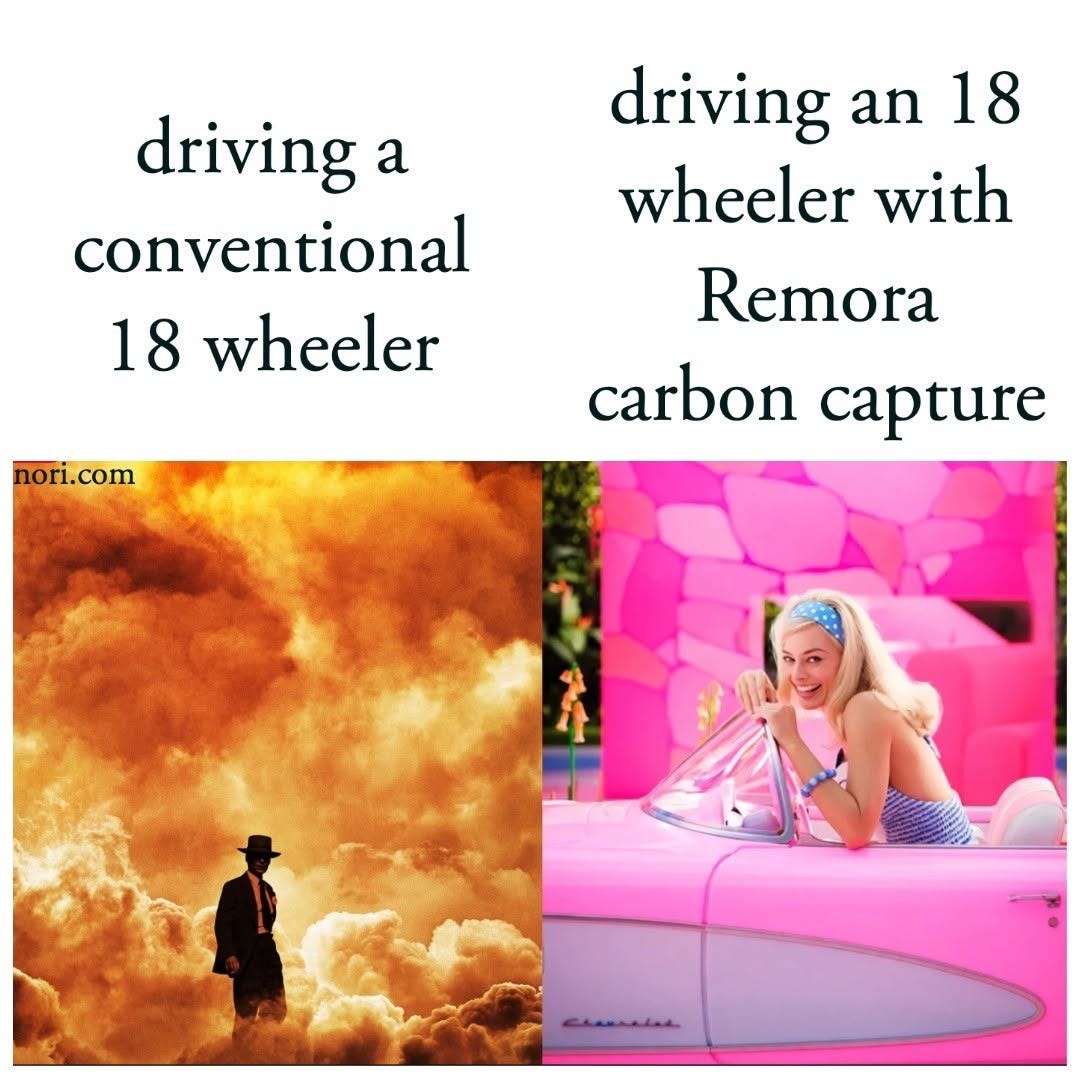 Two stills side by side. Left, a man before a fiery explosion from Oppenheimer, labelled "driving a conventional 18 wheeler". Right, Barbie in a pink convertible, labelled "driving an 18 wheeler with Remora carbon capture".