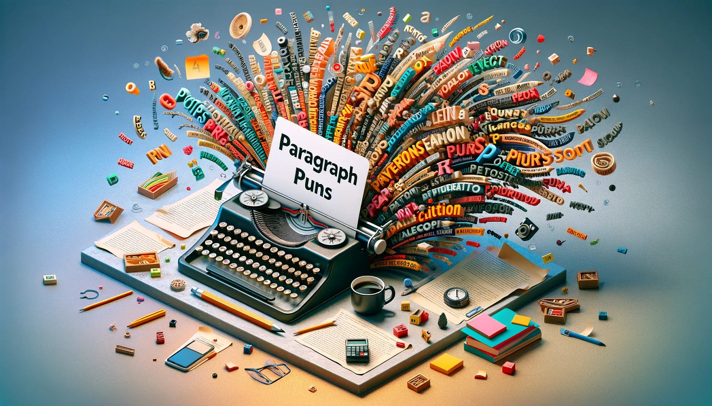 Widescreen hero image for a blog post titled 'Paragraph Puns', focusing on alliteration. Visualize a whimsical, creative space that represents the playful nature of alliteration in writing. The scene should include a typewriter or laptop with the blog title displayed, amidst a cascade of words beginning with 'P', swirling around the device, symbolizing a wealth of puns and alliterations. Incorporate elements like scattered papers, colorful sticky notes, and a cup of steaming coffee, depicting a dynamic and inspired writing environment. The background can feature a large, bold 'P' made up of various 'P' words, reflecting the theme of the blog. The image should be lively, engaging, and visually represent the fun and challenge of creating alliterative content, suitable for a blog that delves into the art of wordplay and linguistic creativity.