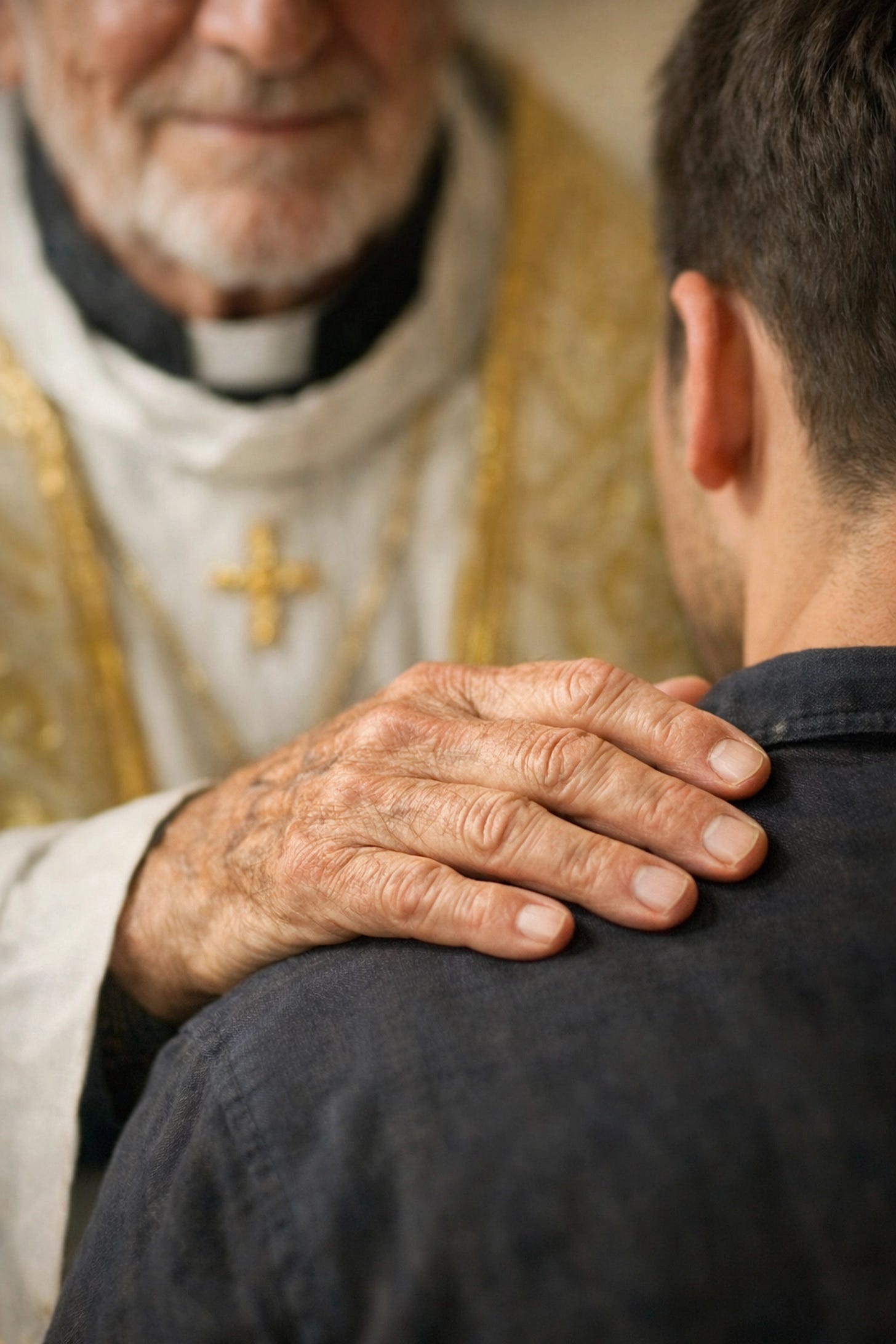 A senior Catholic priest offering fatherly guidance to a young man, symbolizing spiritual unity and care | Dr. Marcus Peter