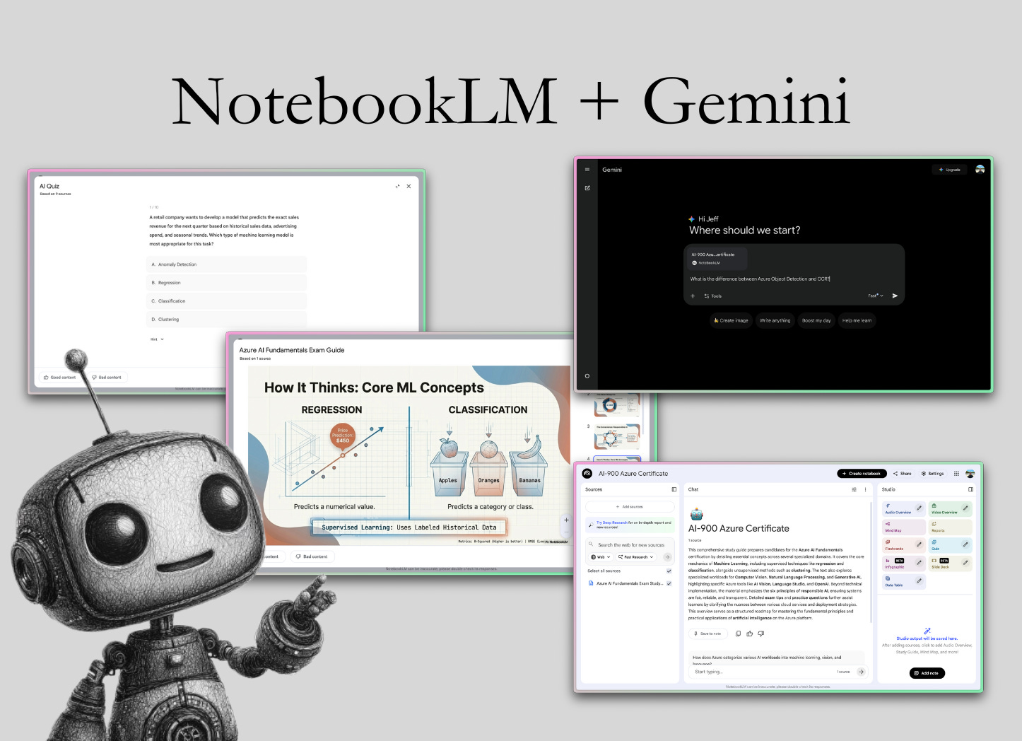 NotebookLM에서 생성한 퀴즈, 마인드맵, 슬라이드 덱과 Gemini 앱의 통합 화면을 보여주는 콜라주이다.