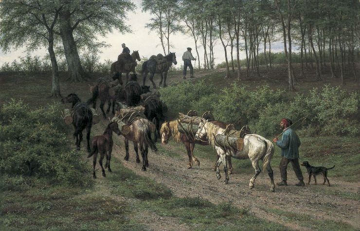 'Houtdragende paarden in de bossen van Saint-Gatien, Calvados' - Olieverf op doek: W.C. Nakken (Bron: Simonis & Buunk) 'Houtdragende paarden in de bossen van Saint-Gatien, Calvados' - Olieverf op doek: W.C. Nakken (Bron: Simonis & Buunk)