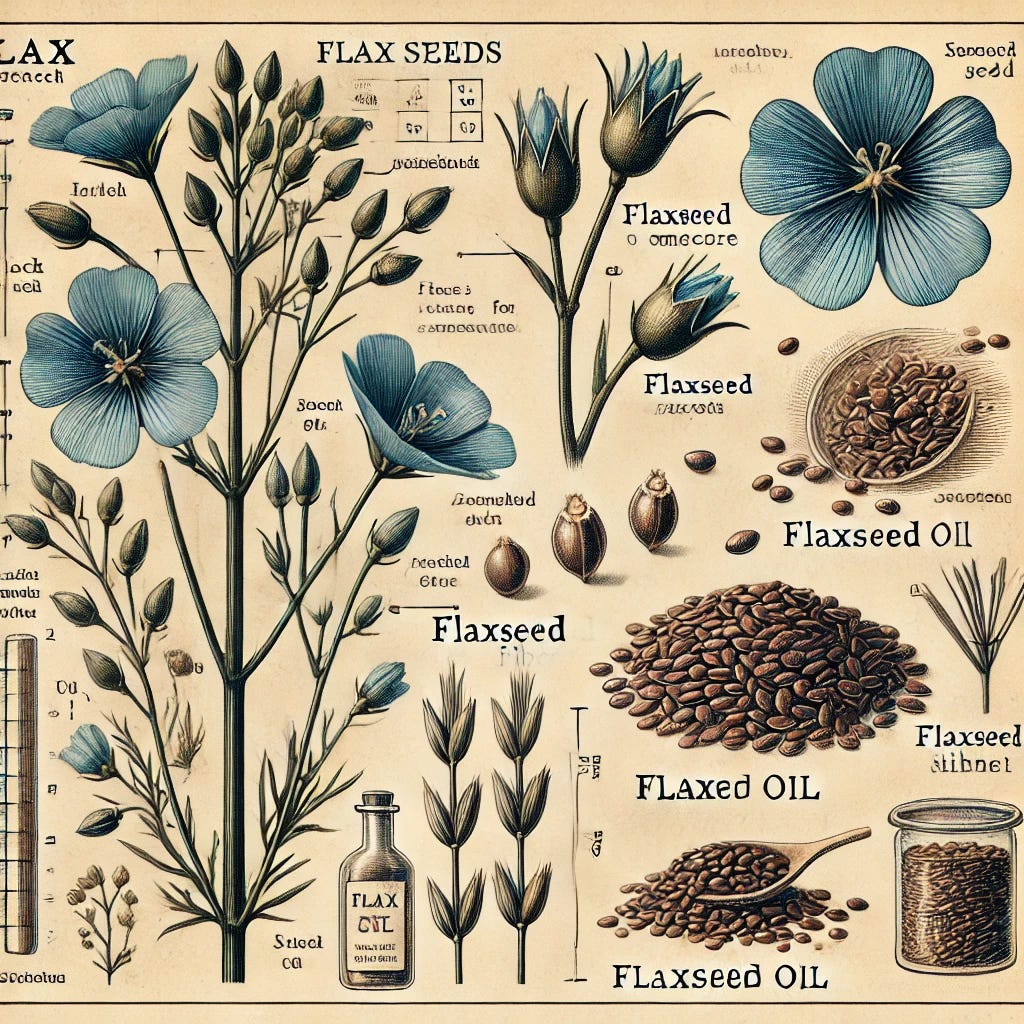 A detailed scientific-style illustration of flax seeds in an old-fashioned, hand-drawn botanical style. The image features the flax plant, with its slender stems, small blue flowers, and seed pods. It also shows flax seeds close-up, both whole and crushed, with annotations pointing out their uses for food (flax seeds as a source of omega-3 and fiber), oil (flaxseed oil for cooking and skincare), and textiles (flax fibers used for making linen). The illustration includes vintage-style labels for each part, with a neutral background to resemble a classic botanical plate.