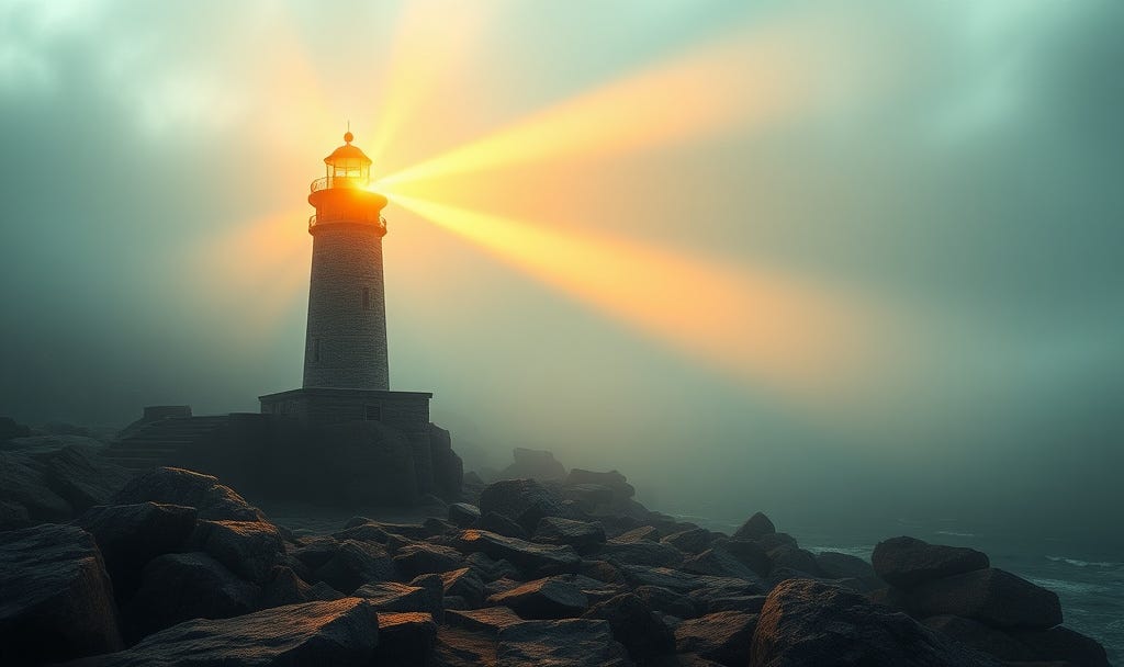 Cinematic lighthouse with powerful beam of light cutting through dense fog on rocky shore, representing inner clarity, self-awareness, and finding guidance within yourself