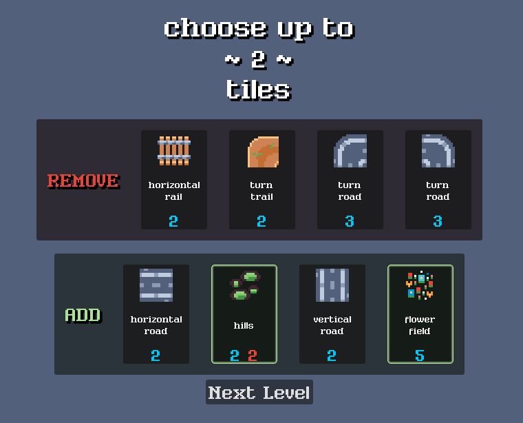 screenshot of deck edit screen - choose up to 2 tiles - 4 tiles available to remove from deck or 4 tiles available to add to deck
