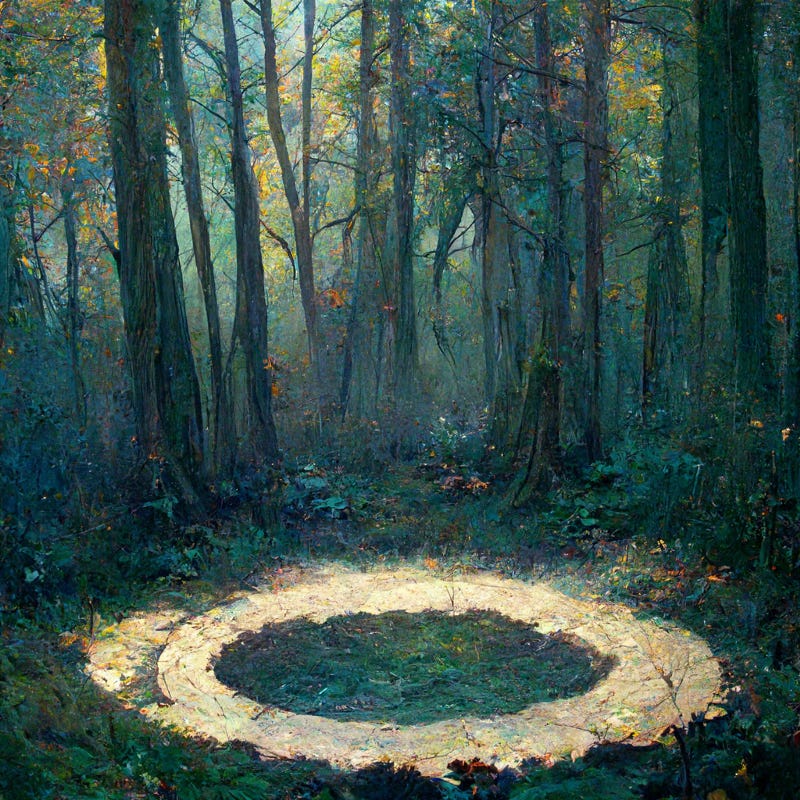 A small forest clearing, with colorful sprint foliage in the background. The clearing has a circle of dirt, maybe two metres across, like someone or something has walked in a circle for days, wearing down the grass to dry dust.