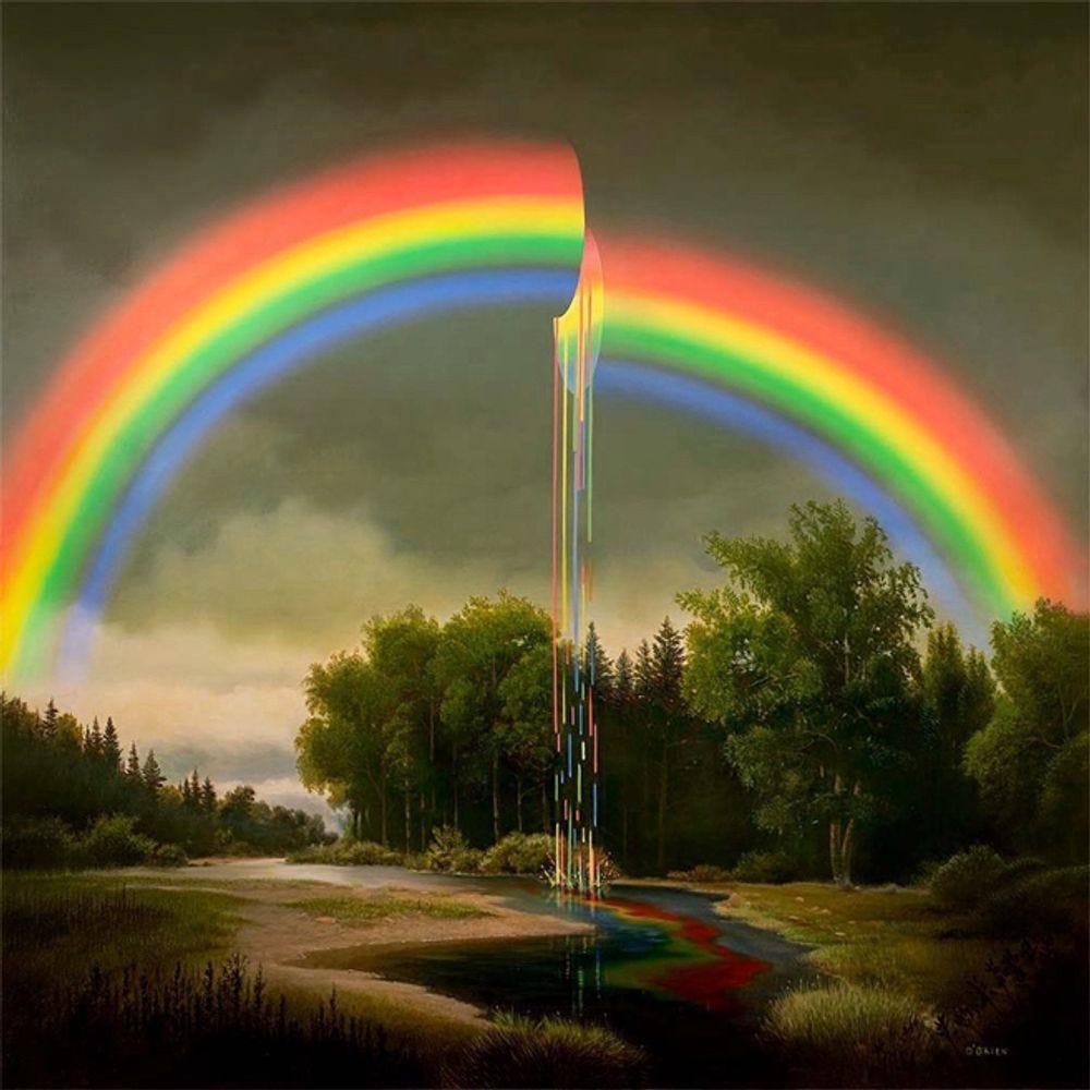 oil painting of a rainbow sliced in half and melting into a stream