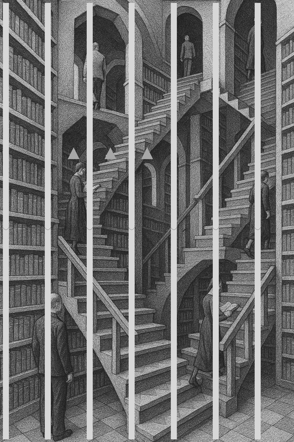 Seven people, climbing seven staircases, in The Library of Babel. 