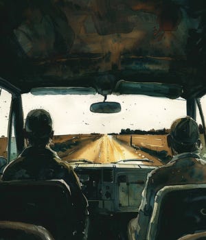 vintage editorial watercolor illustration of two figures seen from behind in the front seats of a van, dark midwestern road ahead, flat fields, dim interior, muted neutrals, cream paper texture