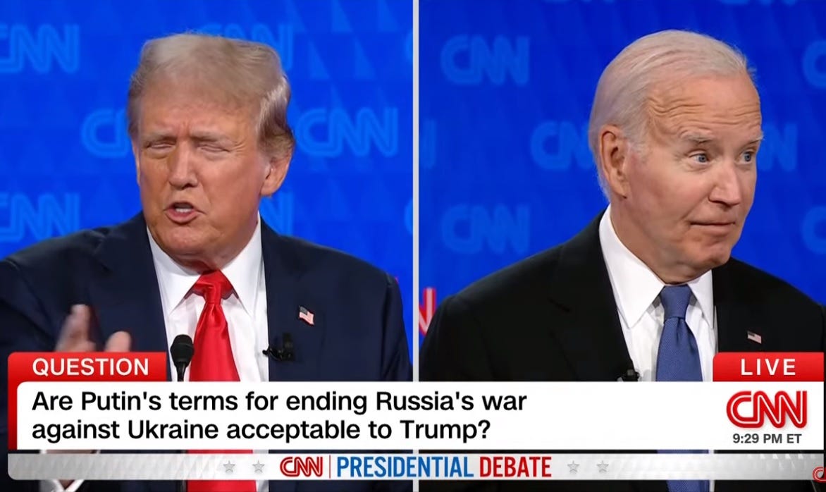 debate screen shot: chyron reads 'Are Putin's terms for ending Russia's war against Ukraine acceptable to Trump?' Trump is in the middle of lying about something and Biden looks to the side with a slight smile, his eyebrows raised in disbelief or amusement at what Trump just said
