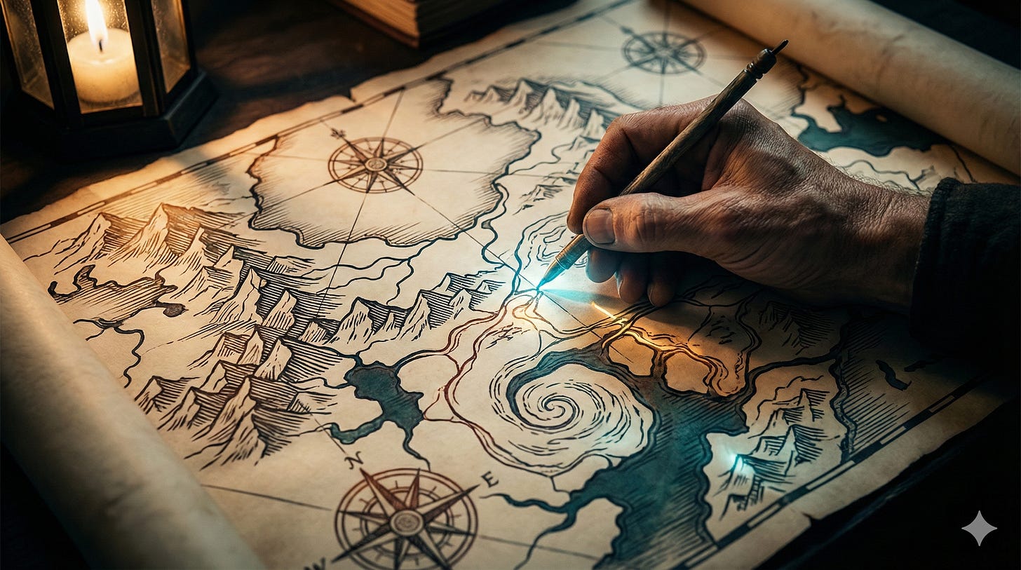 Hand-drawn illustrated map in vintage cartographic style with compass rose and terrain details