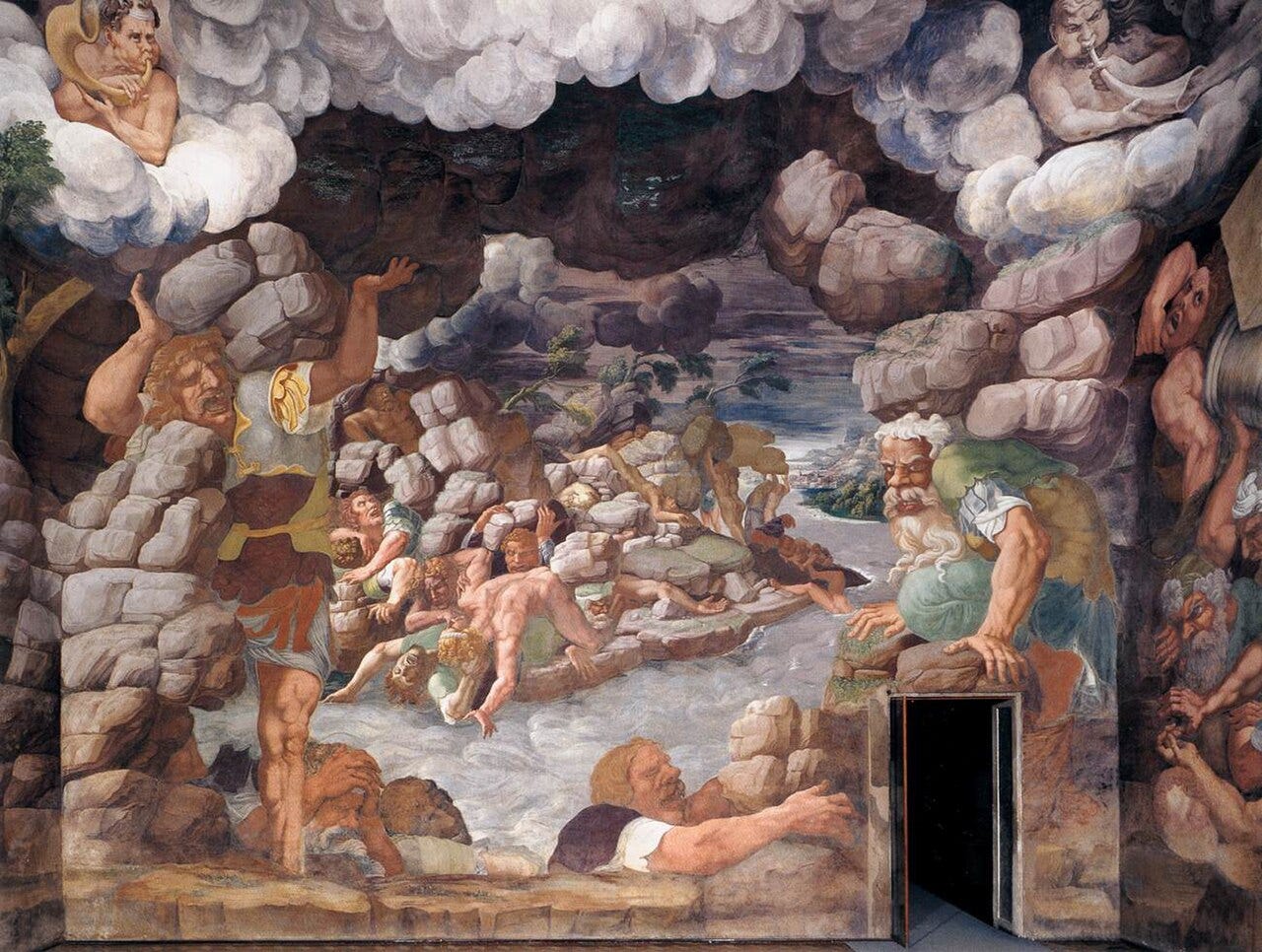 Giulio Romano's fresco on a wall of the Sala dei Giganti, giants hauling and falling among huge rocks under clouds Giulio Romano's fresco on a wall of the Sala dei Giganti, giants hauling and falling among huge rocks under clouds