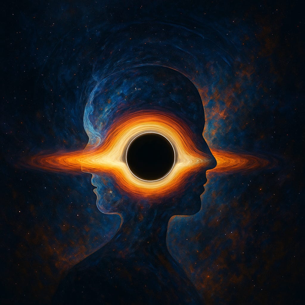 Two overlapping human profiles face opposite directions, their silhouettes carved from deep cosmic colours. At the centre of both heads sits a luminous black hole with swirling orange and gold accretion light stretching horizontally across the faces. The image blends human consciousness with cosmic architecture, symbolising self-reflection, inner gravity, and the connection between personal identity and universal structure.