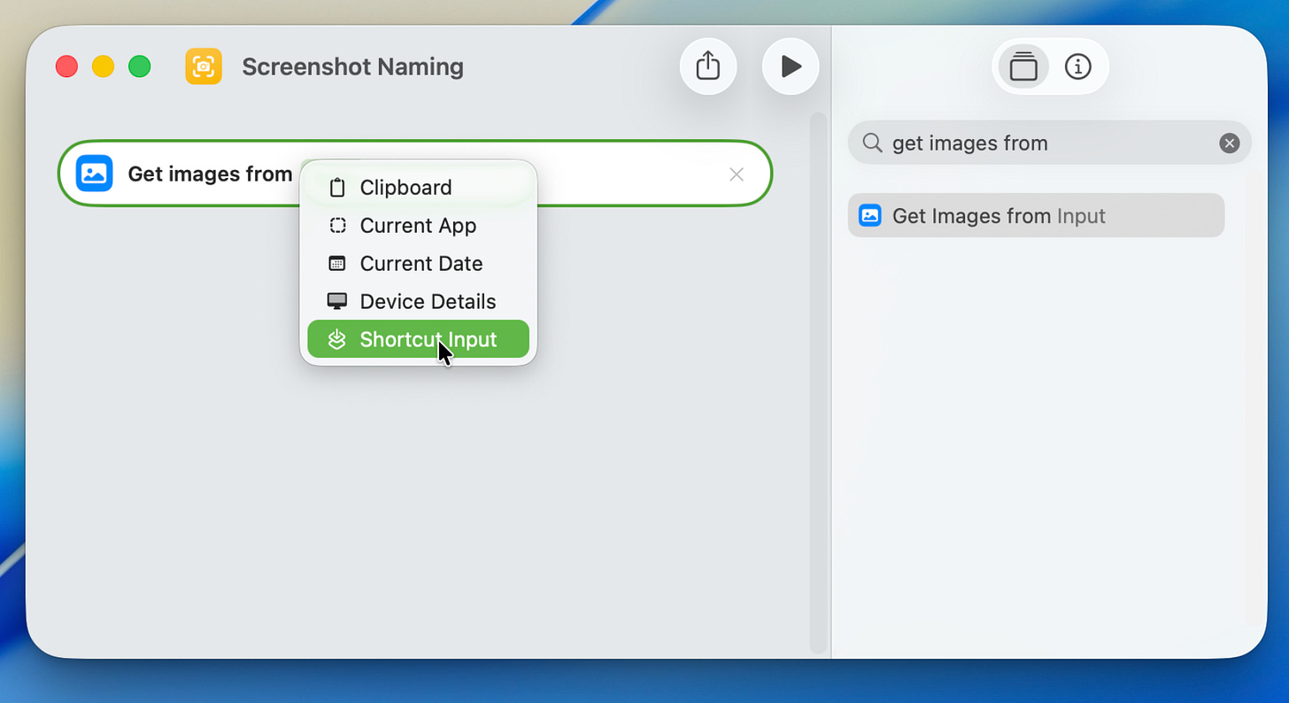 Mac Shortcuts app showing “Get Images from” action with a dropdown selecting “Shortcut Input” as the source. Mac Shortcuts app showing “Get Images from” action with a dropdown selecting “Shortcut Input” as the source.