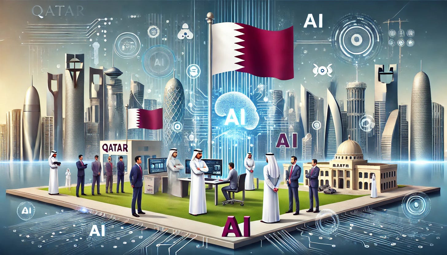 A banner illustrating Qatar advancing AI governance with new regulations and guidelines, without any text. The scene features Qatari officials and AI experts discussing and implementing new policies, with advanced AI technology and digital elements in the background. The Qatari flag is prominently displayed, and elements such as data networks, futuristic buildings, and AI symbols are visible. The atmosphere is progressive and regulatory, with a backdrop of modern Qatari architecture and digital integration.