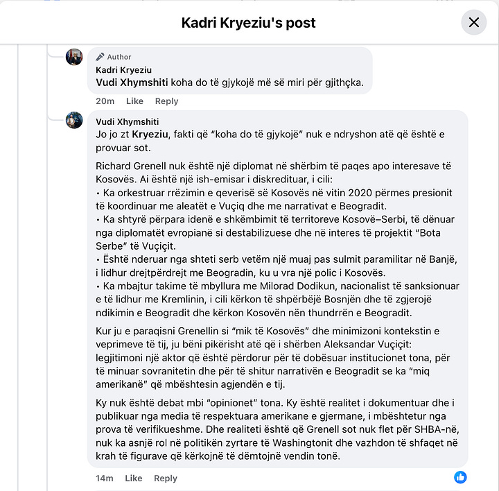 Pamje nga debati publik në rrjetet sociale mes autorit dhe Kadri Kryeziut, ku përplasen faktet e dokumentuara me retorikën e relativizimit.