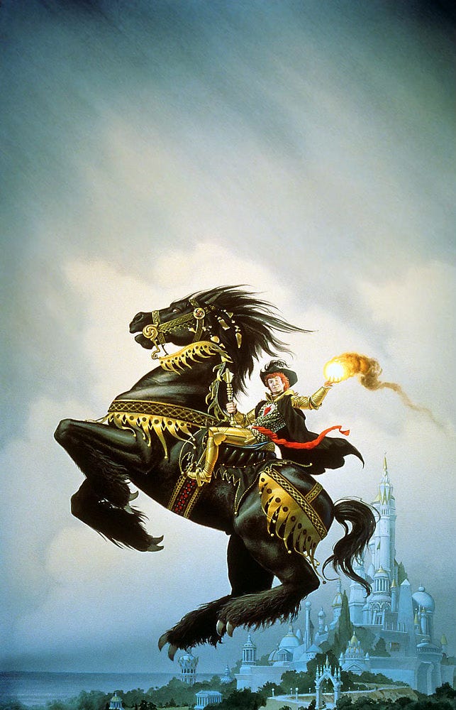 Mid-leap, a black war horse is captured regal in profile against a backdrop of gray-clouded sky. The claw-like hooves and furry lower limbs of the mount suggest an alien world. Turning in its saddle, a red-haired man in gold armor, black cloak, and feathered cap holds a smoldering ball of fire in one hand and a mace in the other. In the low background, a city rises constructed of tall white towers topped with gold spires. Green grows throughout, nature in harmony with the classical architectural detail that includes spired domes and elegant columns.