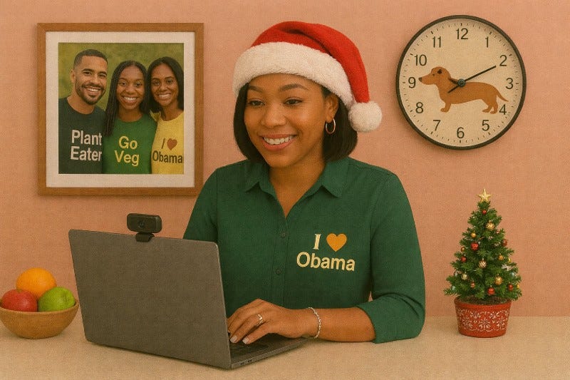 Woman wearing Santa Claus hat while typing on laptop with video cam clip above it. Pick of veg-friendly friends framed on wall and a small Christmas tree sits on a nearby table, below the Dachshund wall clock.